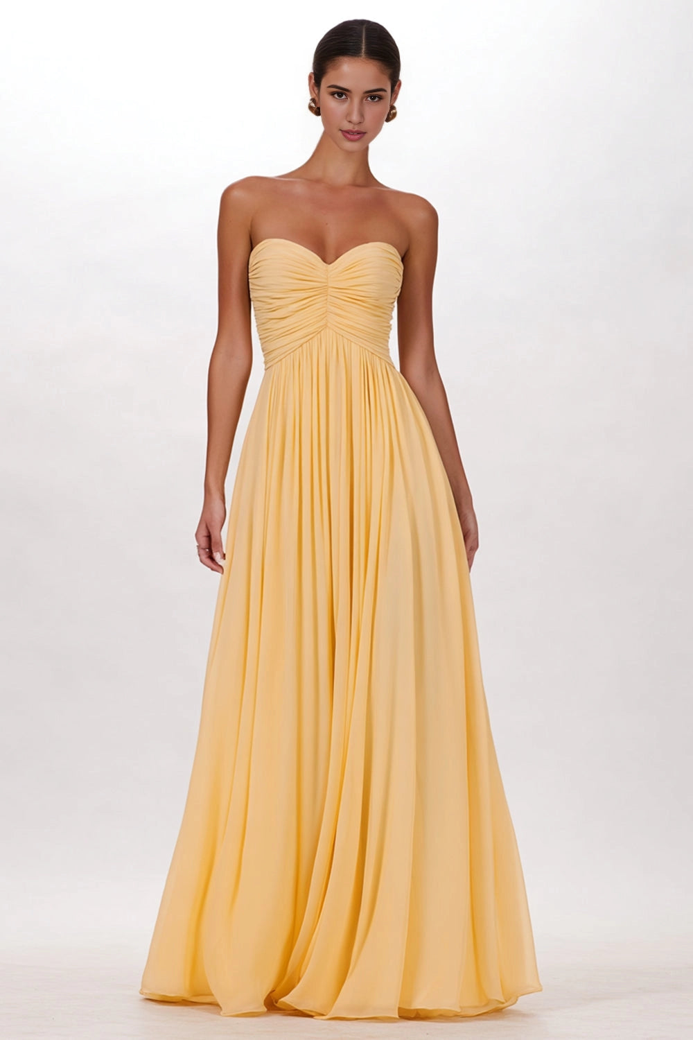Vedress pale yellow strapless sweetheart chiffon long bridesmaid dress studio shot