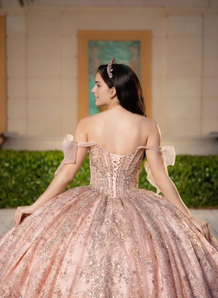 Blush Pink Ball Gown Off The Shoulder Tulle Bow Straps Glitter Lace Corset Back With Large Bow Quinceanera Dress