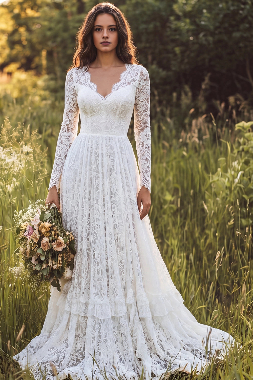 Whimsical A-line V Neck Long Sleeve Open Back Tiered Train Wedding Dress