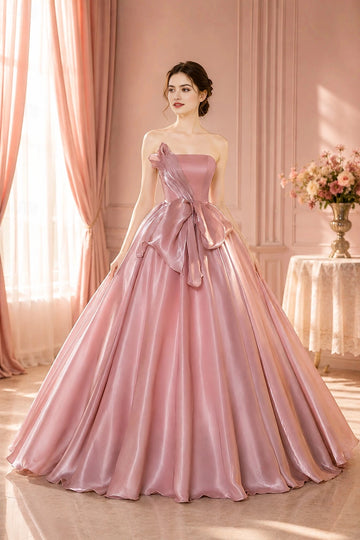 Vedress dusty pink satin strapless ballgown prom dress big waist bow front view elegant indoor room