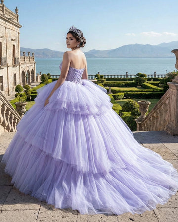 Vedress lavender quinceañera dress, corset lace up back tiered ruffle tulle ball gown with train