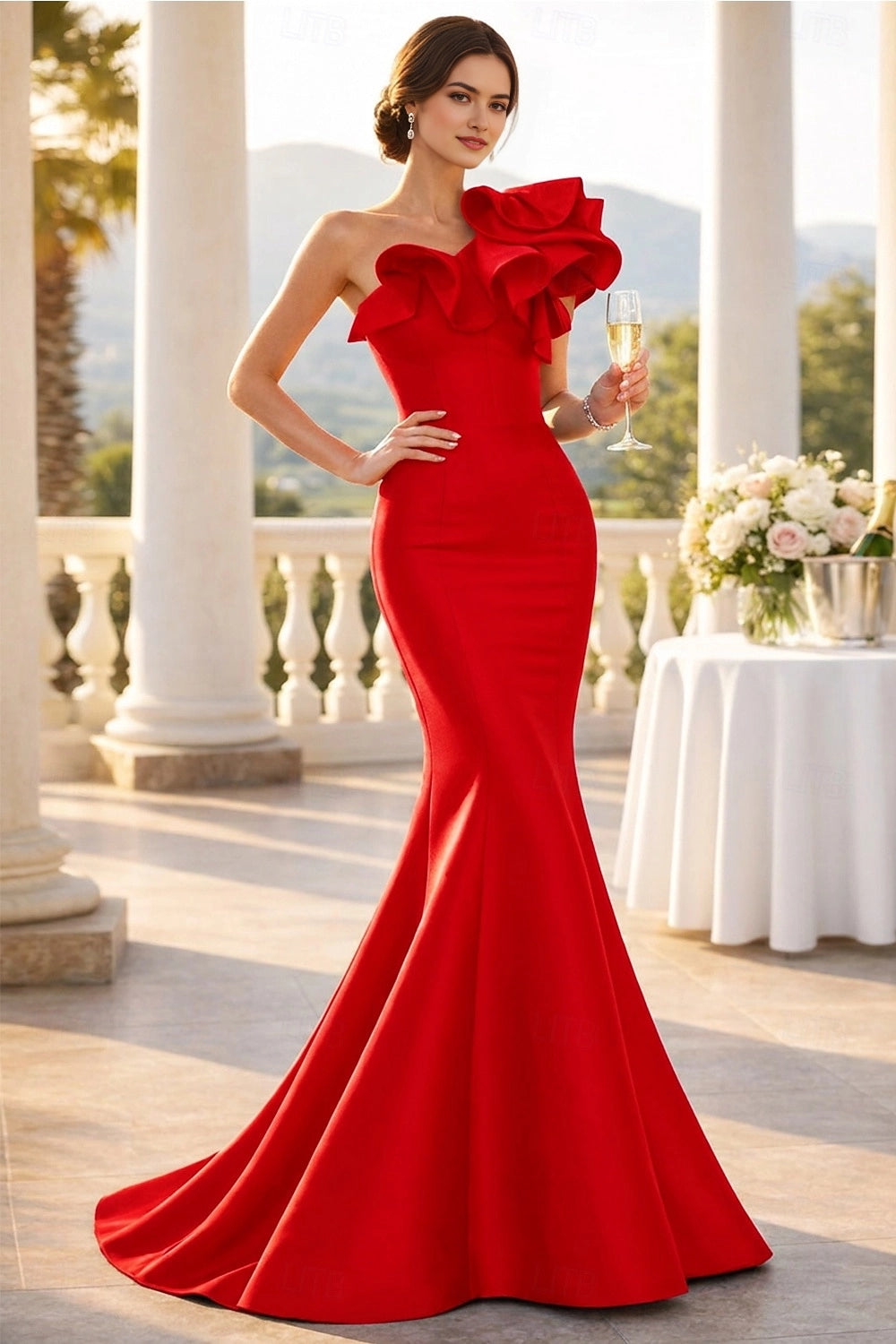 Vedress vivid red satin one shoulder big ruffle mermaid train prom dress villa terrace front view