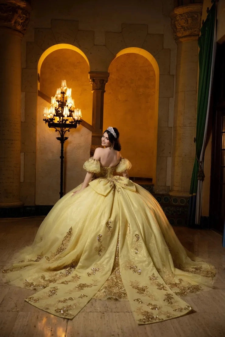 Vedress pale yellow quinceanera dress off shoulder lace-up corset back voluminous glitter tulle court train ballgown back view