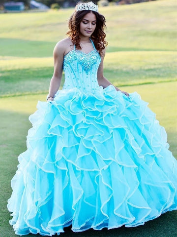 Turquoise Ball Gown Halter Sleeveless Lace Up Back Long Quinceañera Dress