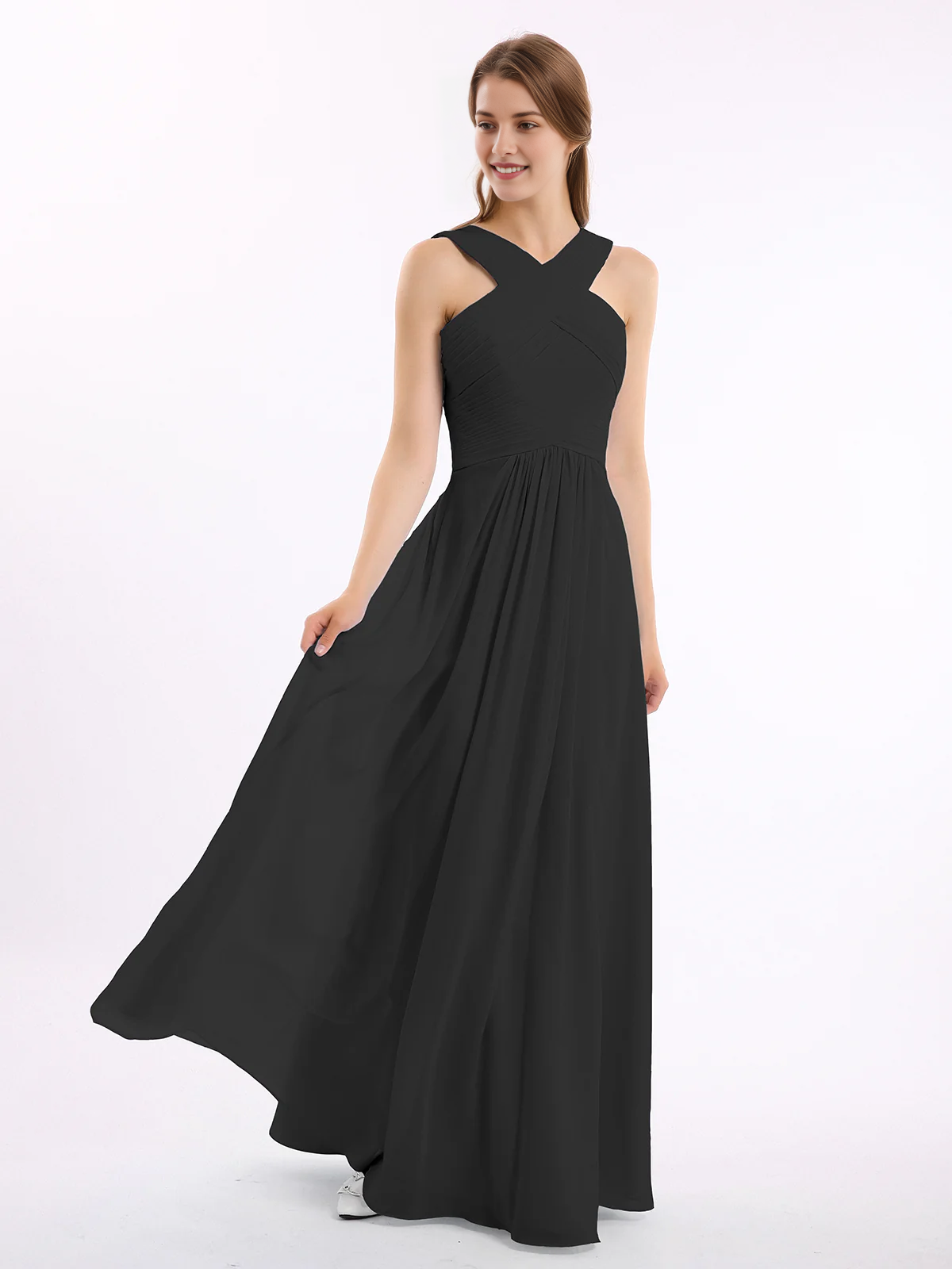Crisscross Neck Pleated Bodice Flowy Chiffon A-Line Floor-Length Bridesmaid Evening Maxi Dress