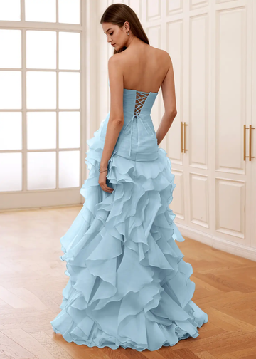 Women's A-Line Princess Ball gown Strapless Ruched Evening Gown with Asymmetrical Ruffled Hem High Slit