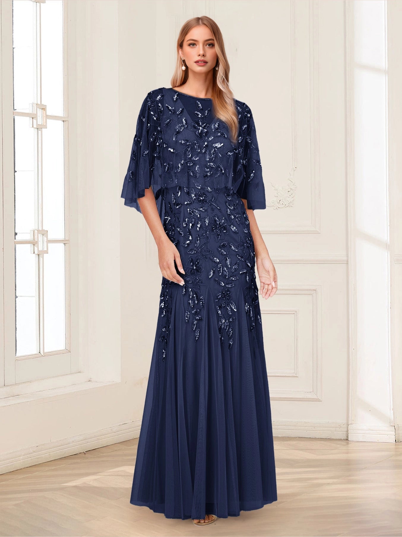 Glamorous Mermaid Round Cape‑Sleeve Zip‑Back Floor‑Length Plus Size Mother of the Bride Dress