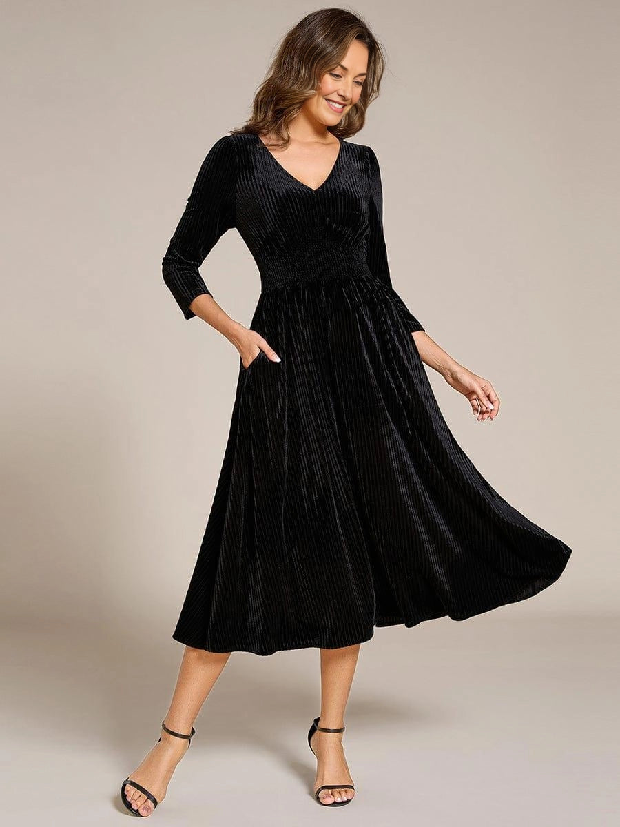 Vedress black ribbed velvet V‑neck pocket midi mother of the bride dress