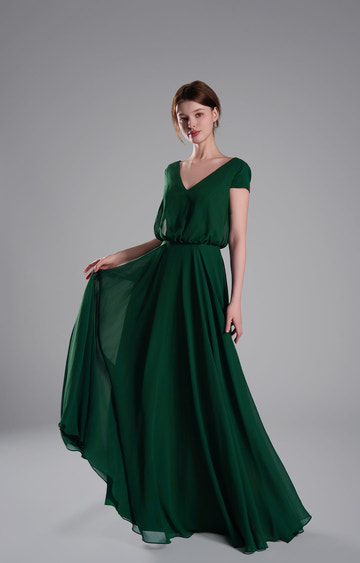 Elegant Chiffon Maxi Dress V Neck Cap Sleeve Flowy Evening Gown Wedding Guest Formal Bridesmaid Dresses