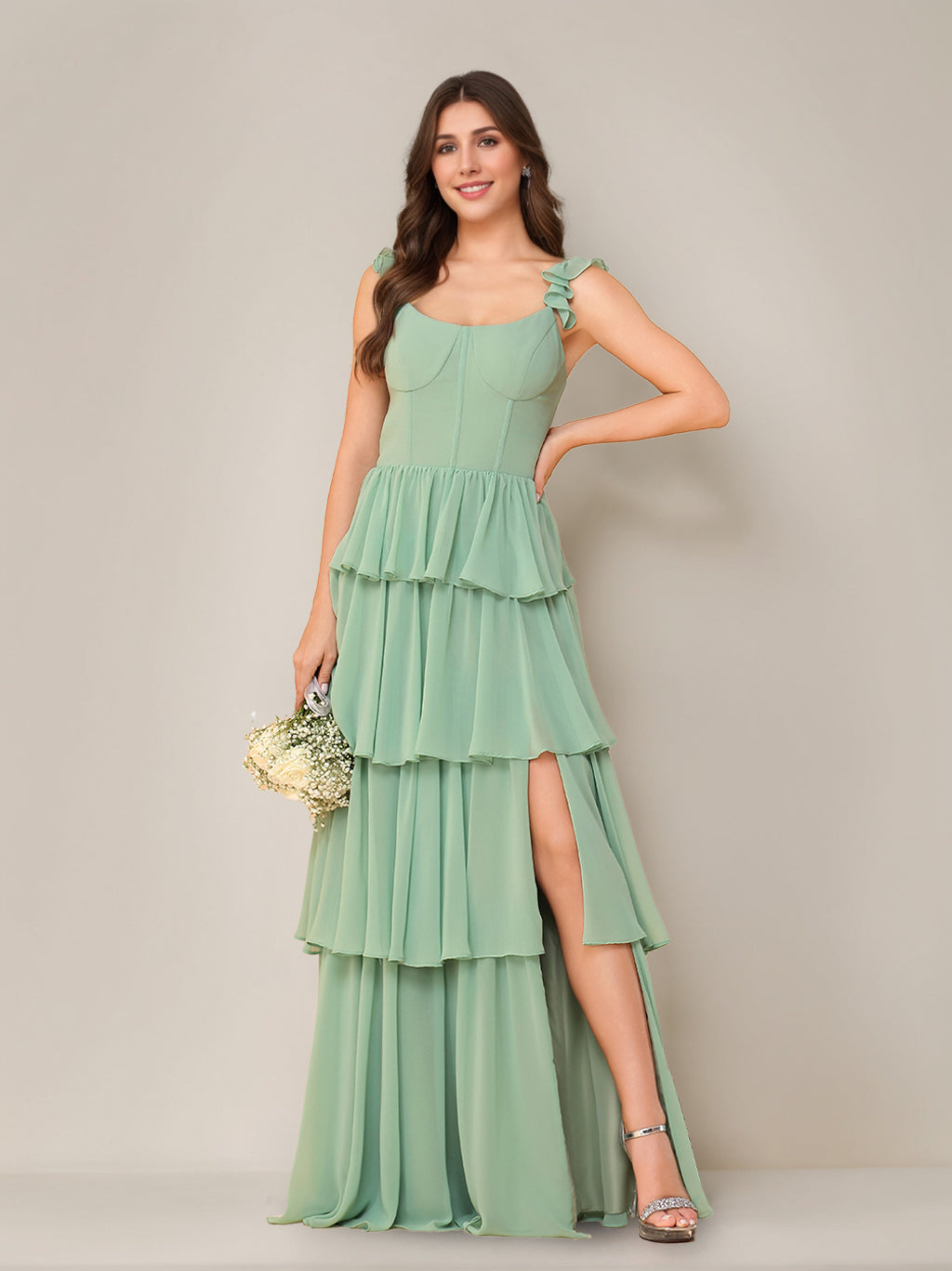 A-Line Princess Scoop Neck Sleeveless Chiffon Floor-Length Bridesmaid Dress with Ruffles & Split Side