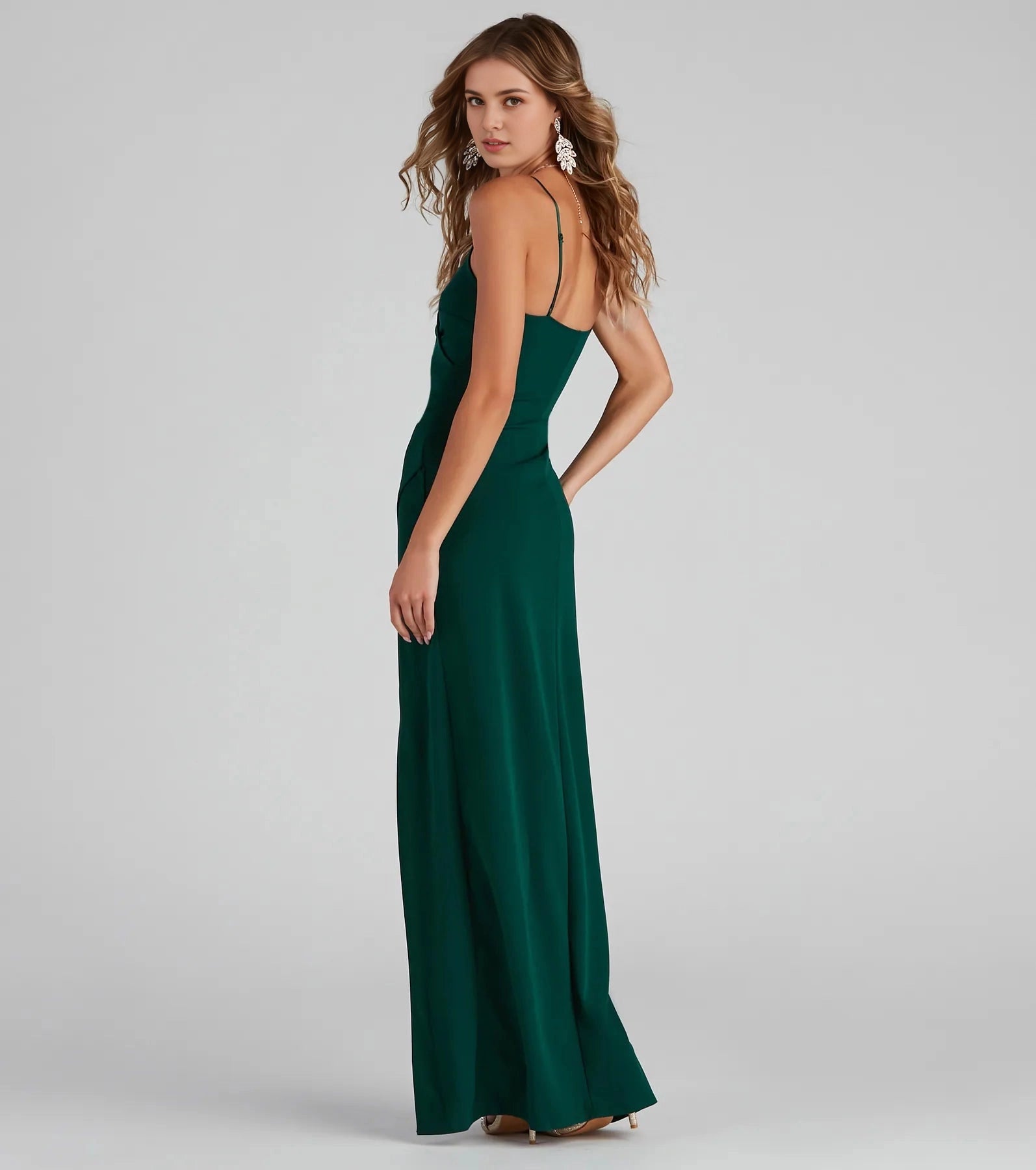 Back view Vedress forest green a-line prom dress spaghetti strap long bridesmaid gown