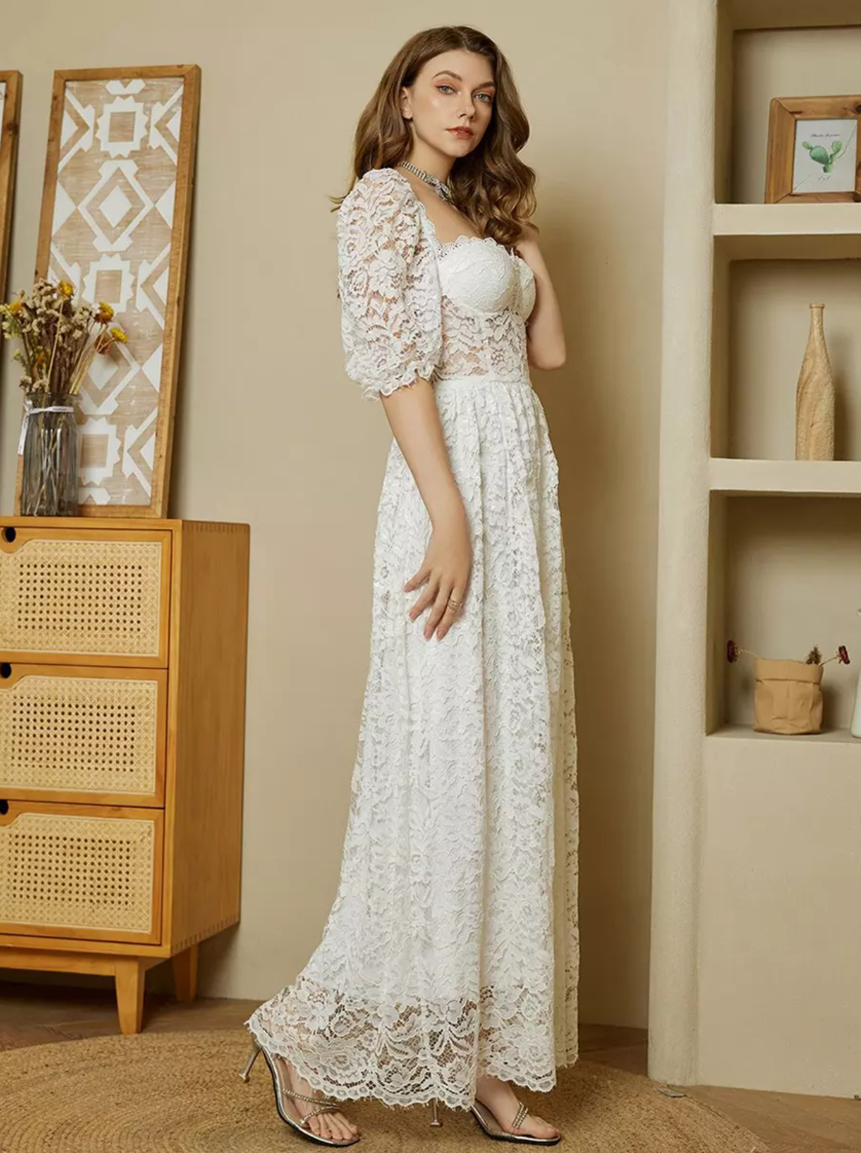 Romantic White A-Line Square Neck Short Sleeve Lace Detail Formal Dress/prom dresses