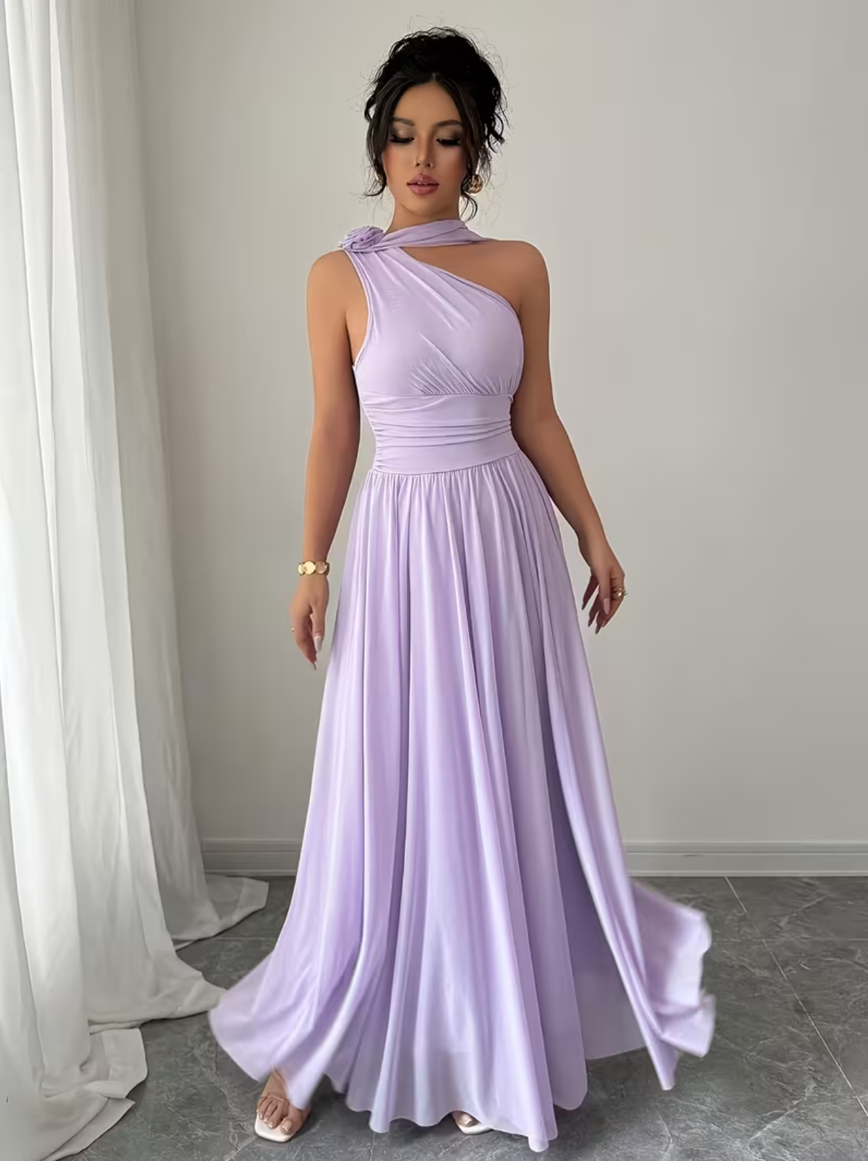 Women's Holiday Casual Elegant One-Shoulder Maxi Dress Floral Backless Prom Dress with Cascading Sash and Flared Skirt