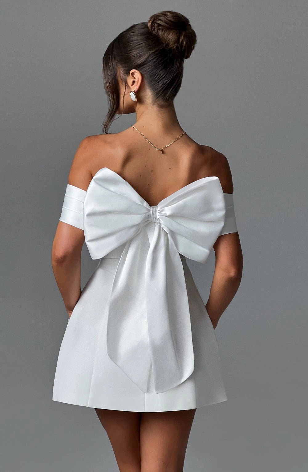 Elegant A-Line Off Shoulder Short Sleeve Big Bow Back Mini Homecoming Dress