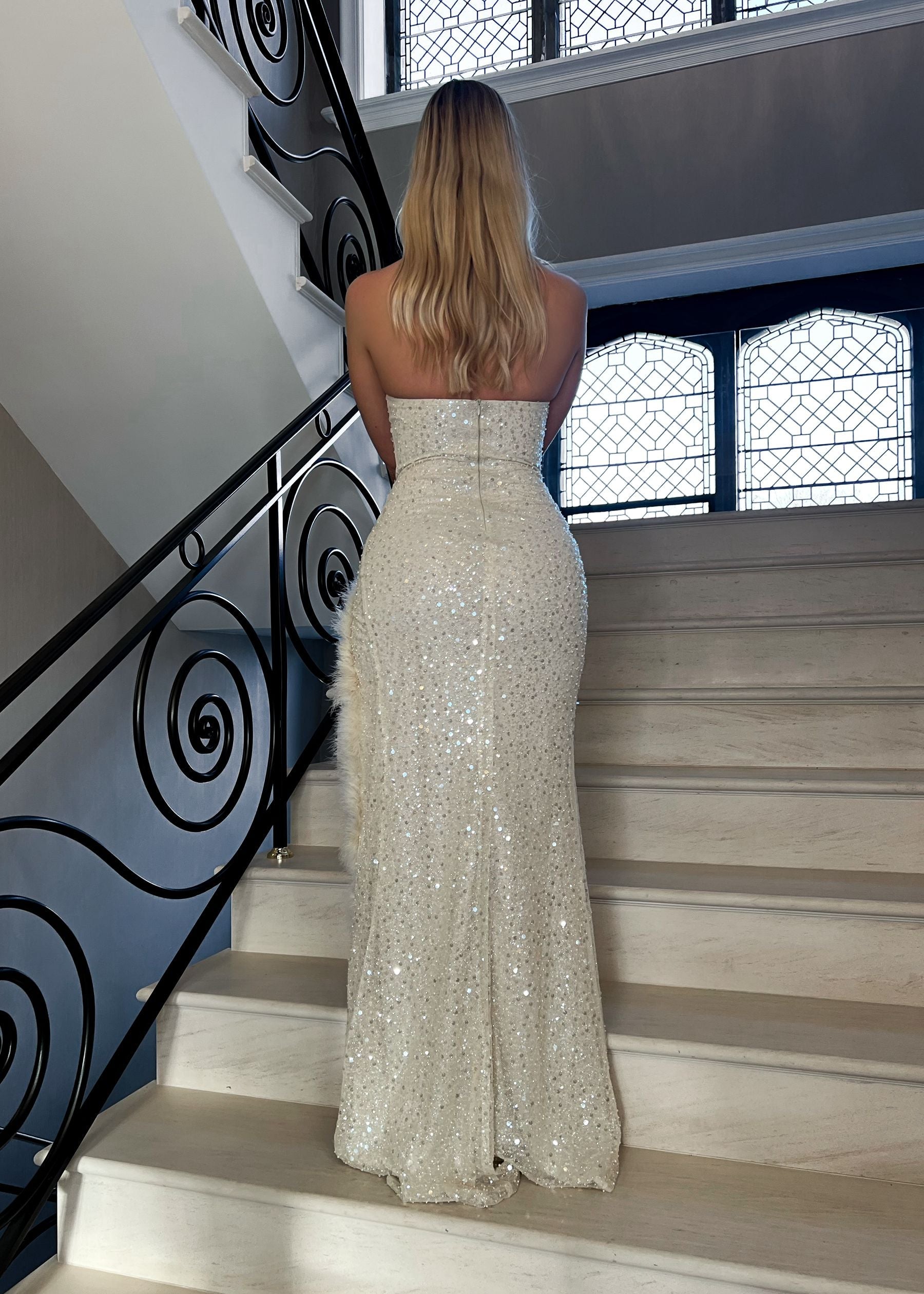 Women's Strapless Beaded Feathered Floor length Party Wedding Evening Gown Prom Dresses with High Slit