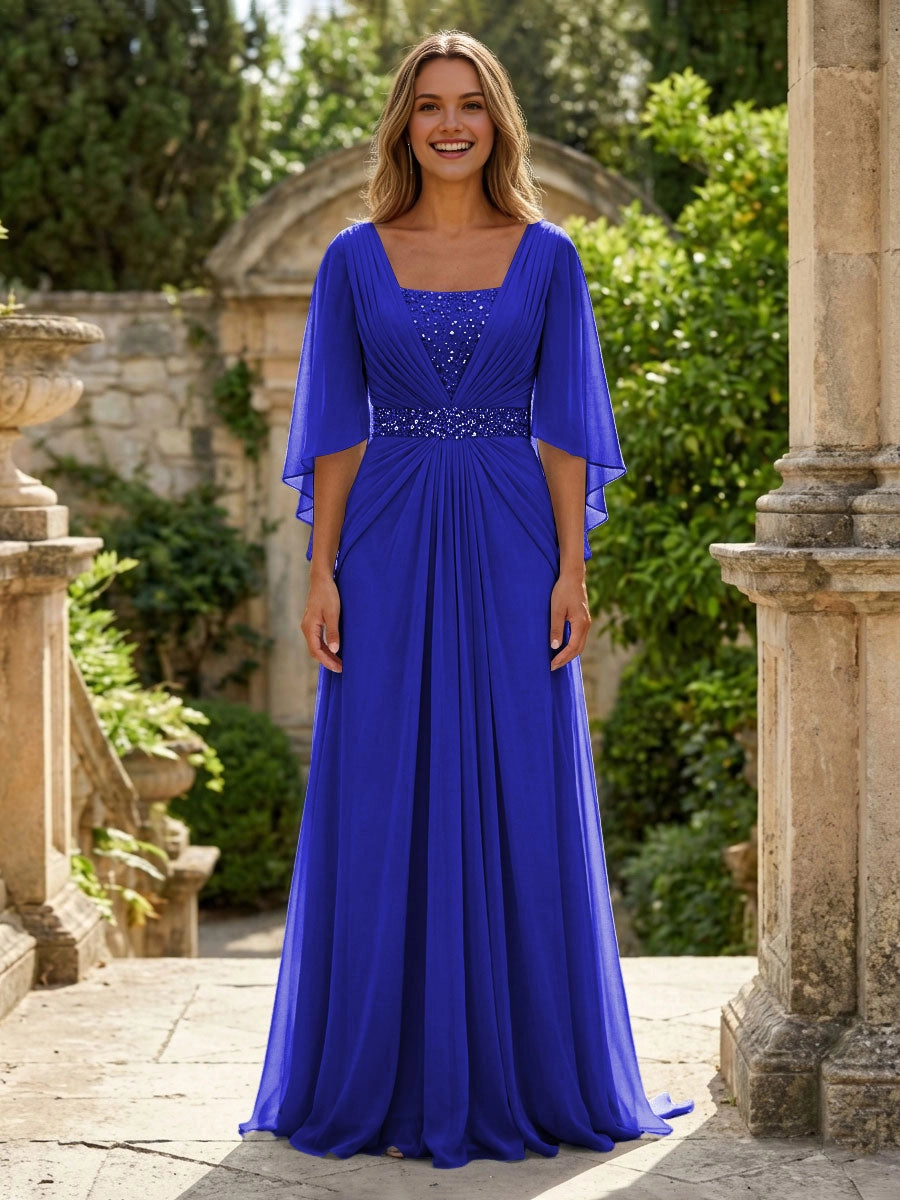 Soft Sky-Blue A-Line Square-Neck Flutter-Sleeve V-Back Floor-Length Wedding Guest Dress