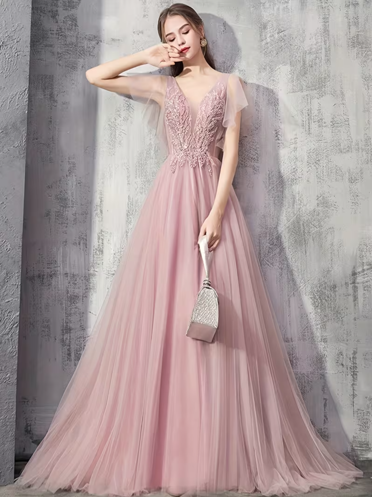 Elegant V-neck Sequined Embroidered Mesh Short Sleeve High-Waist A-Line Long Formal Ball gown Evening Dress