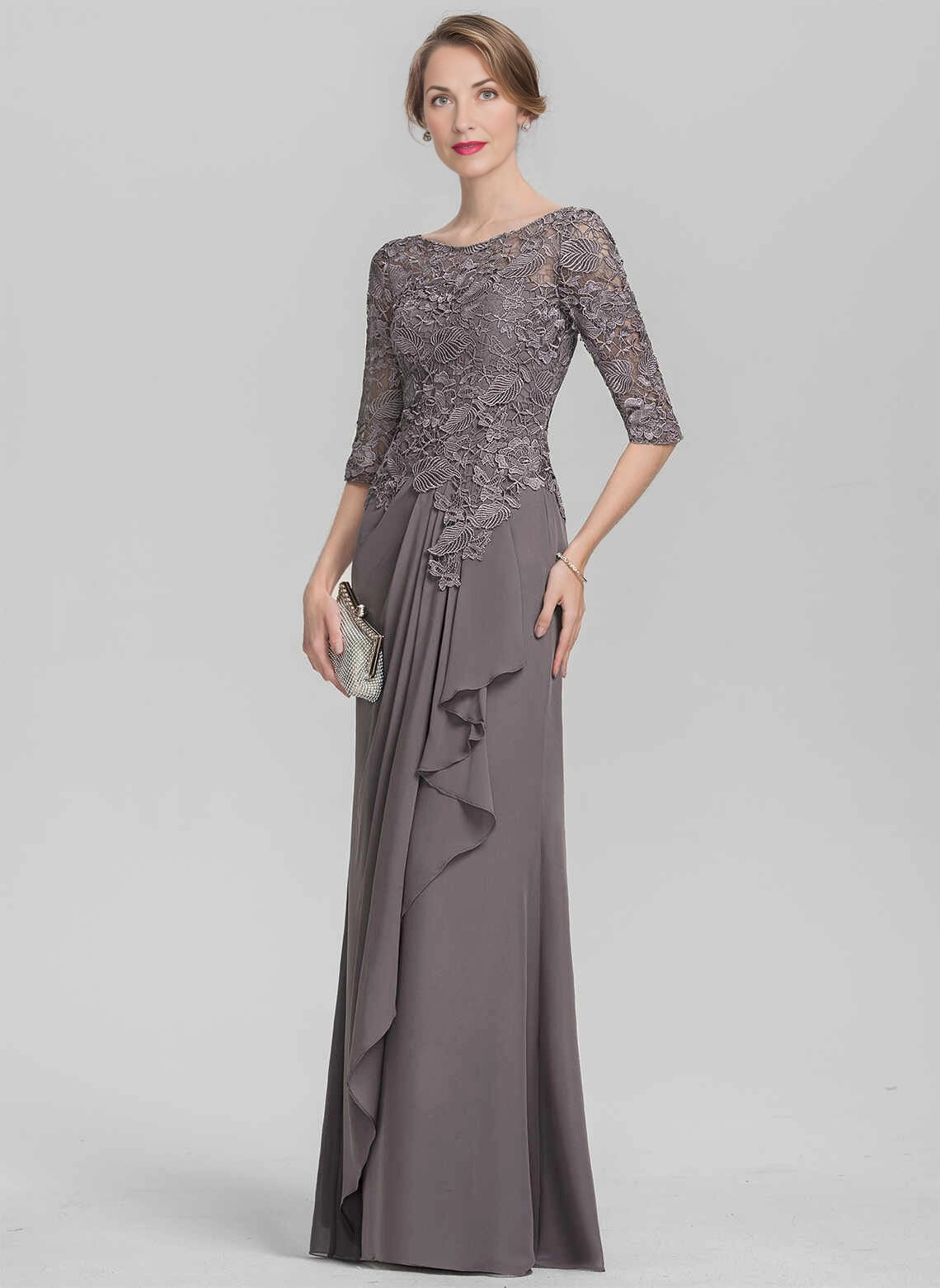 Slim‑Fit Sheath Bateau‑Neck Elbow‑Sleeve Zip‑Back Floor‑Length Mother Of The Bride Dress