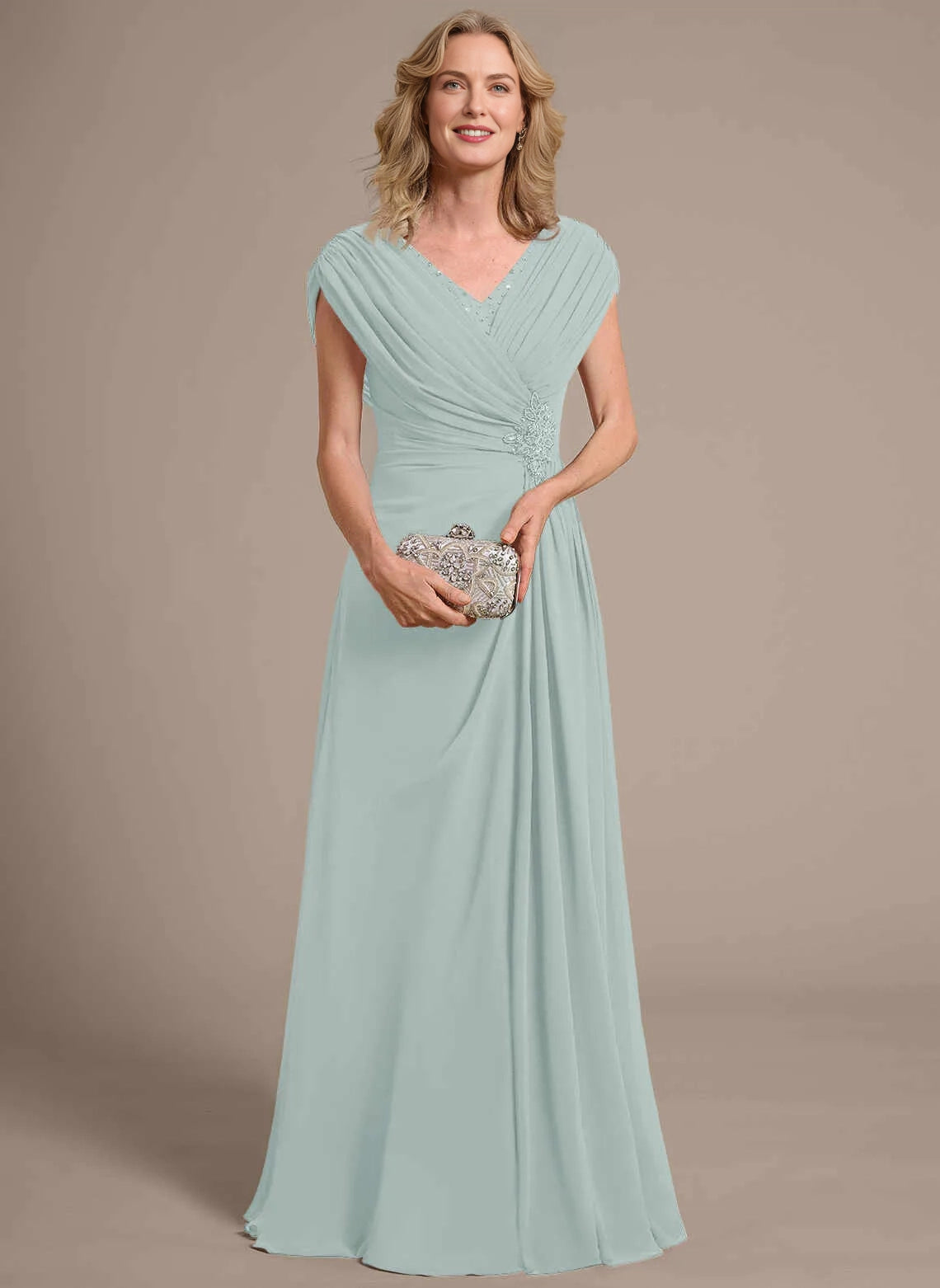 Classic A‑Line V‑Neck Cap Sleeve Zipper Back Floor‑Length Mother Of The Bride Dress