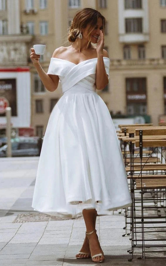 Vedress elegant white satin off shoulder cross wrap a line midi civil wedding dress city cafe front shot