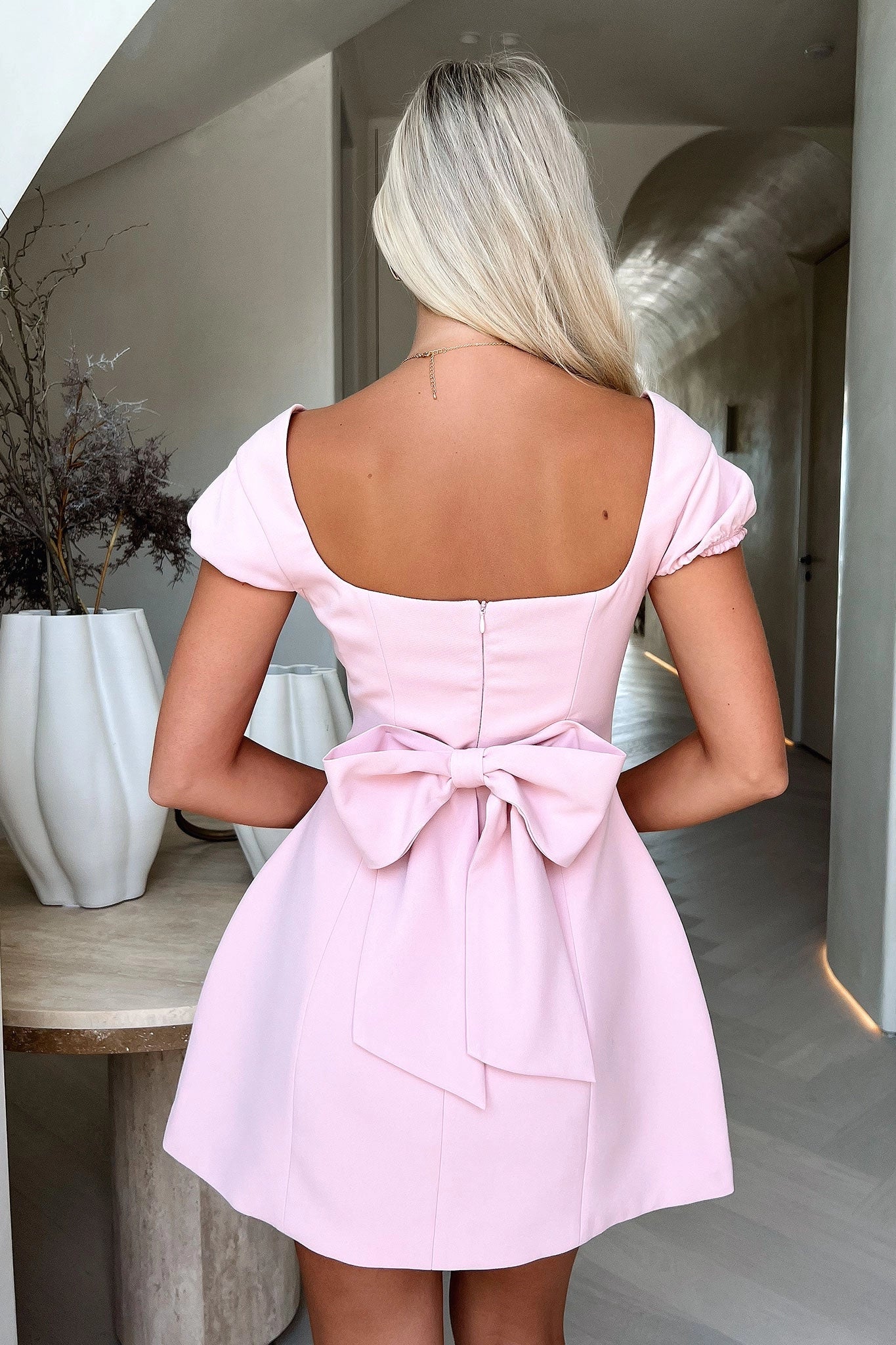 A-Line Square Neck Cap Sleeve Bow Back Mini Homecoming Dress