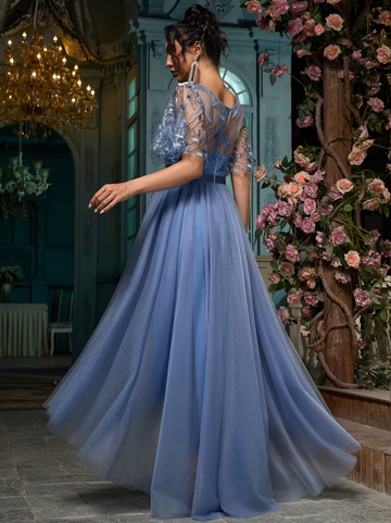 Vestido de Dama de Honor con Línea A de Malla, Maxi para Fiesta, Invitada de Boda, Cuello Redondo, Manga con Volantes, Bordado de Lentejuelas, Vestidos de Fiesta