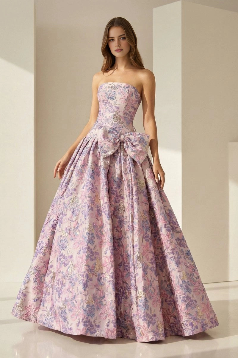 Vedress pink purple floral jacquard big bow strapless ball gown prom dress