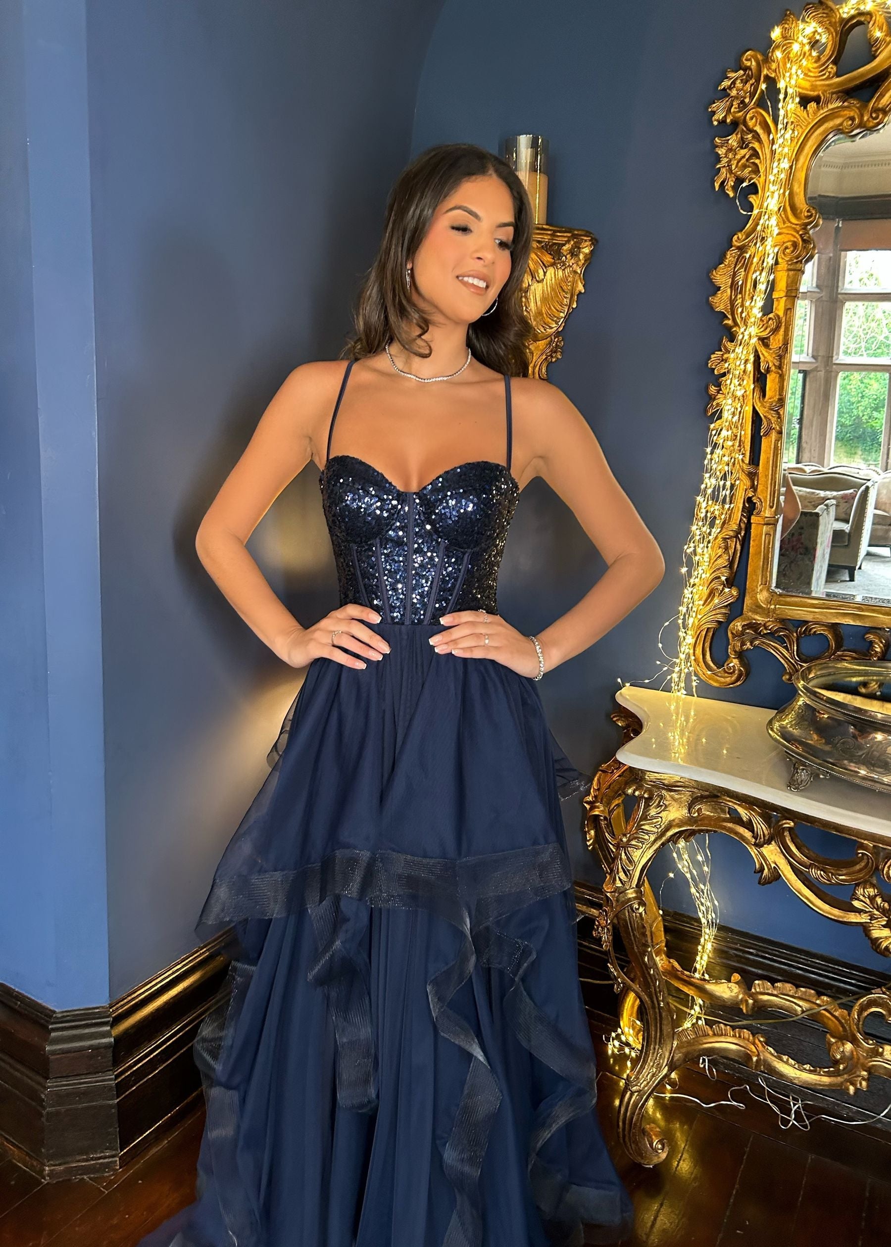 Vestido de fiesta de tul de malla de línea A con lentejuelas, corsé tipo corazón, tirantes finos para mujer