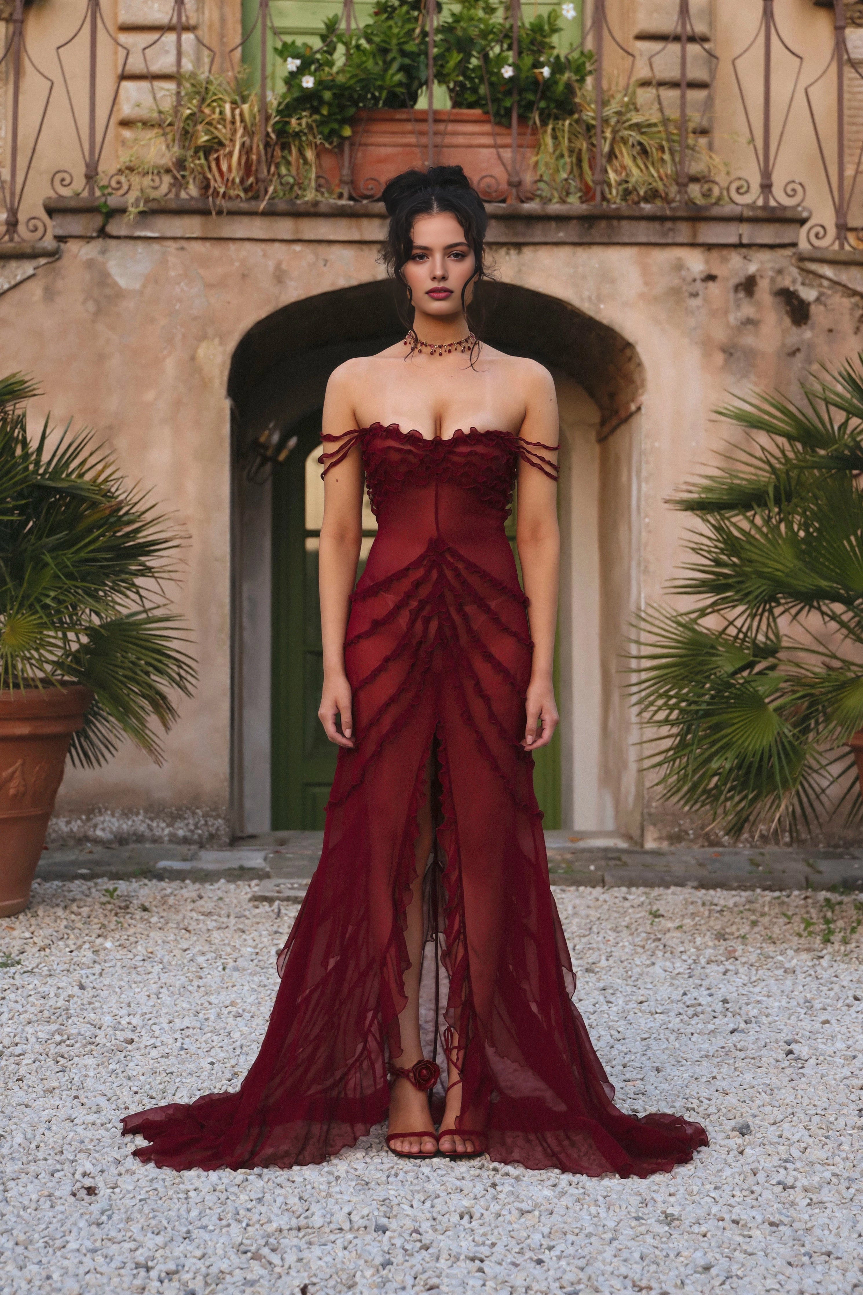 Vedress burgundy sheer mesh off‑shoulder ruffle high‑slit mermaid prom dress front view