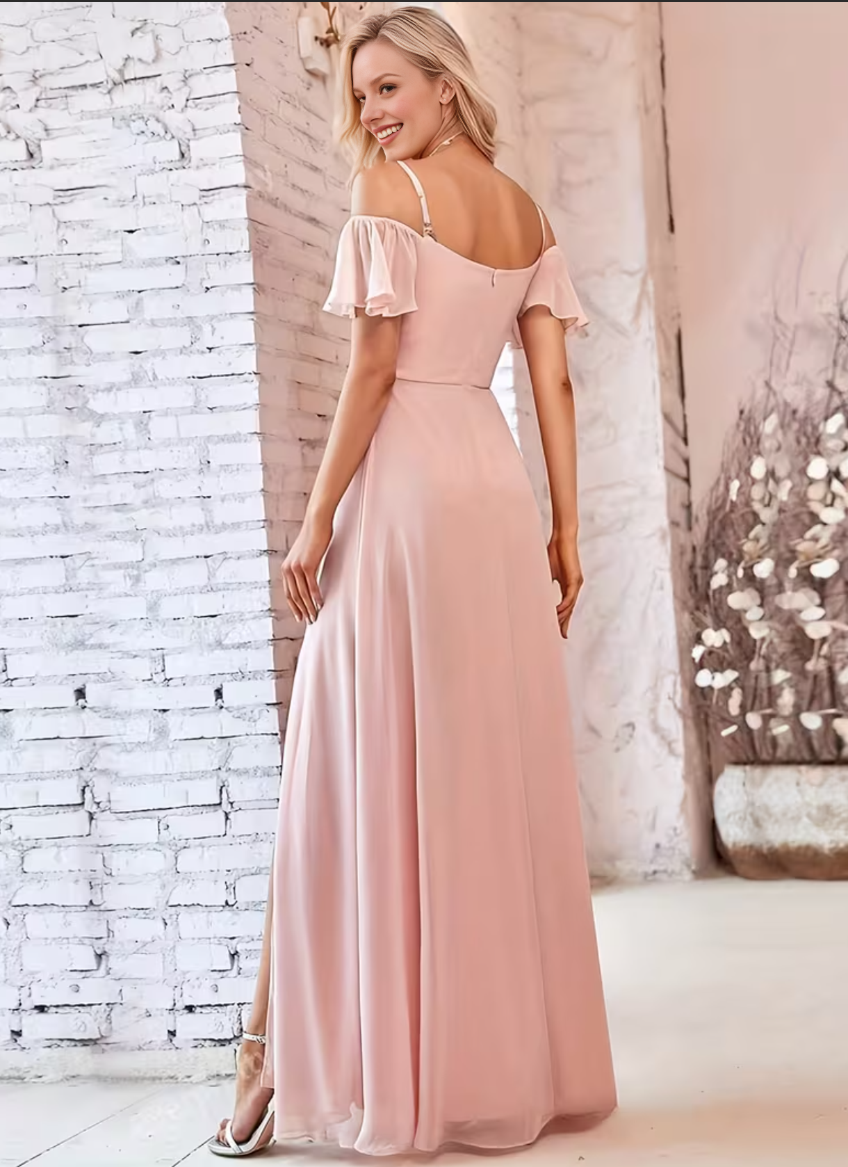 Women's Off-the-Shoulder Sweetheart Neck Ruffle Sleeve Chiffon Bridesmaid Dresses Maxi Dress with Side Slit