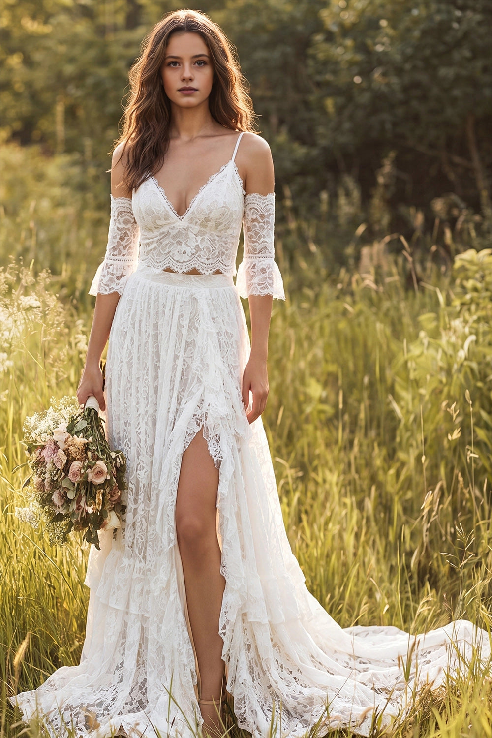 Vedress two piece boho lace wedding dress deep v off shoulder sleeve high slit meadow elopement