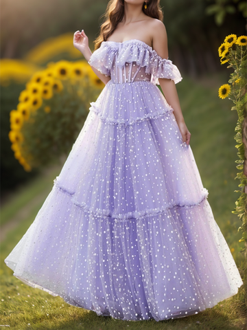 Vestidos de fiesta de tul con volantes, hombros descubiertos, corte en A, de lunares, corsé con escote corazón, hasta el suelo, para cumpleaños y ocasiones especiales