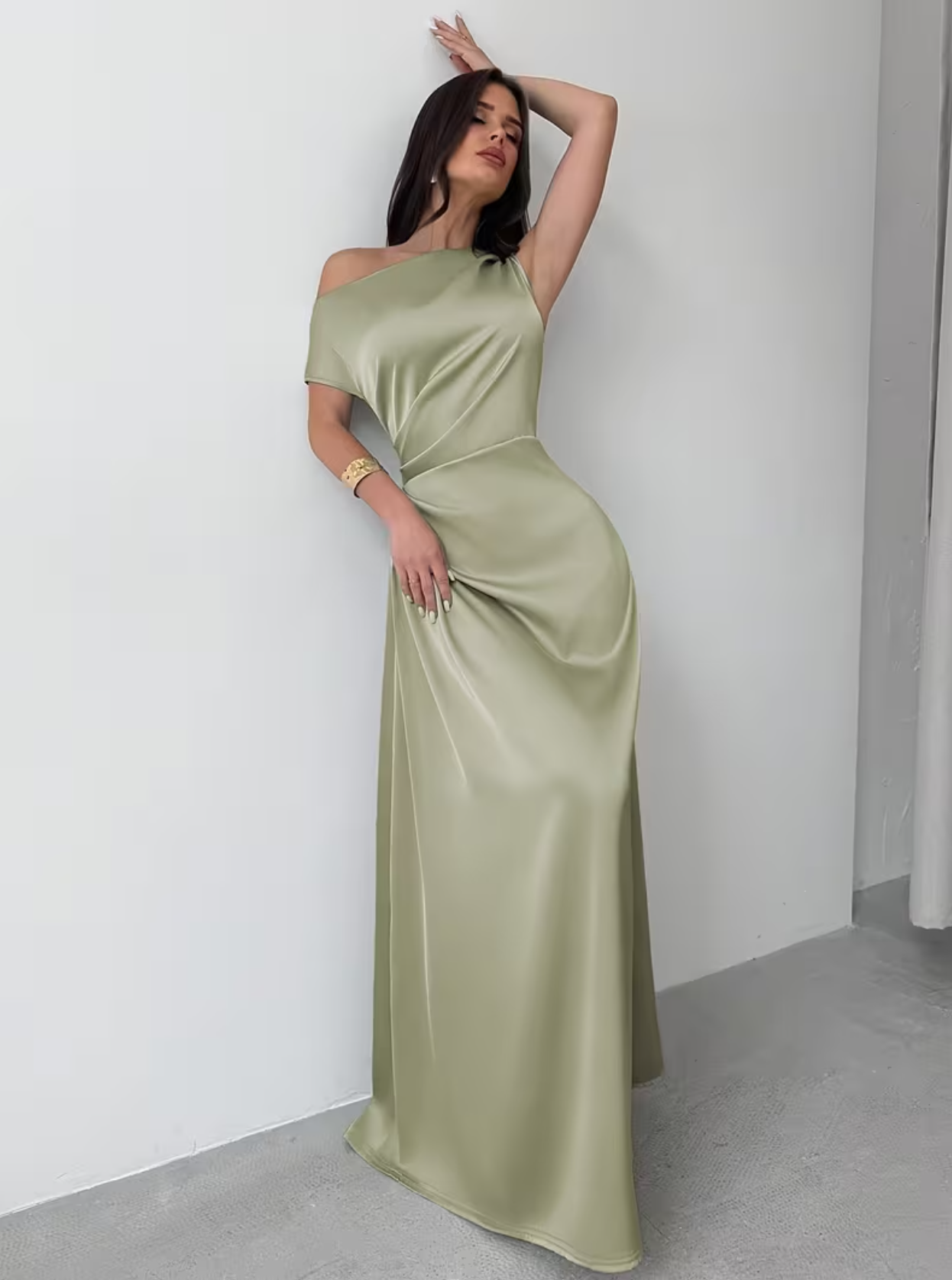 Asymmetrical Draped Satin Solid Off-Shoulder Dress with Cinched Waist Evening Gown Party Wedding Guest Dresses
