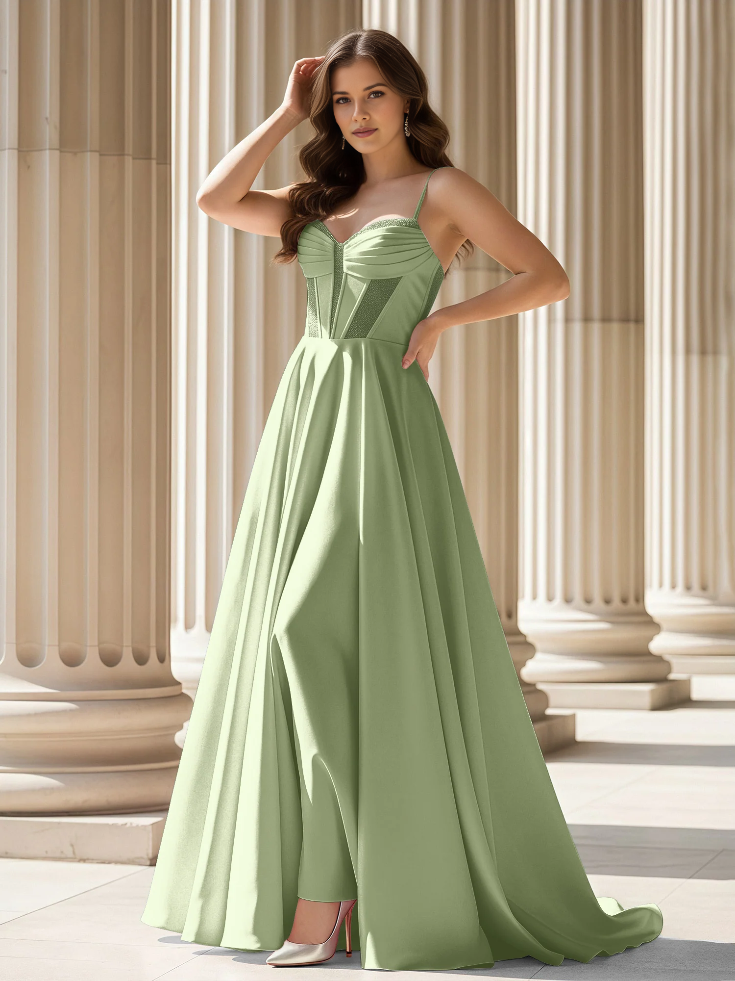Vestido de Noche de Satén Acampanado con Corpiño Corsé de Tirantes y Cola - Vestido Formal para Fiesta de Graduación e Invitada de Boda