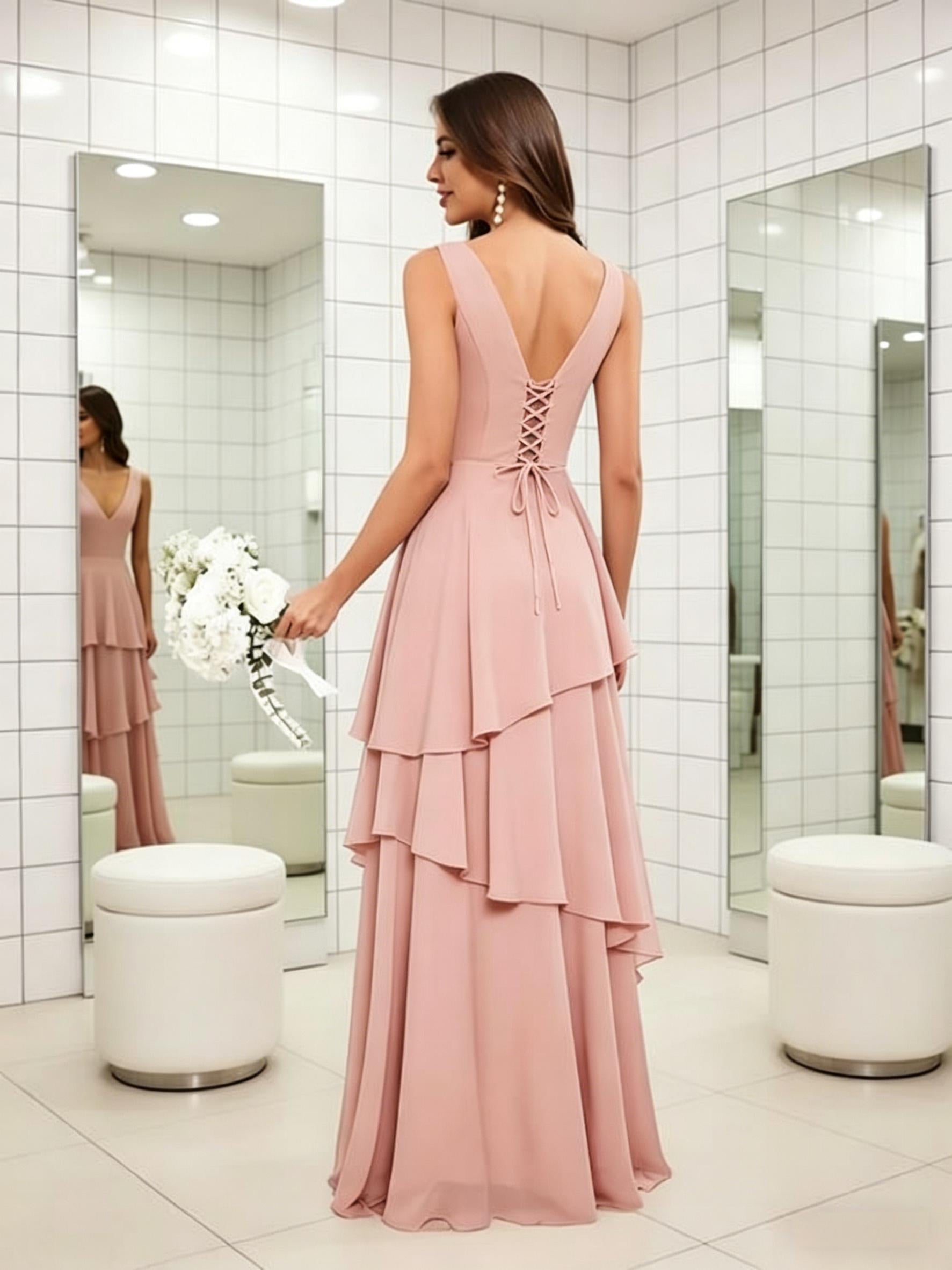 Tiered Chiffon Bridesmaid Dress with V-Neck & Lace-Up Back - Elegant Formal Gown for Weddings & Events