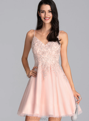 Lace Applique Homecoming Dress | Spaghetti Straps & Corset Back Short Tulle Prom Dress