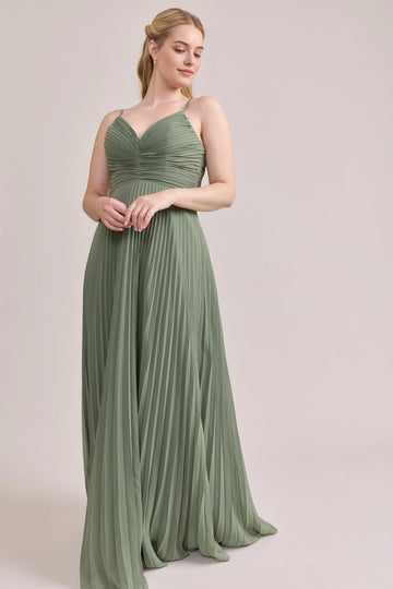 Vedress elegant sage green pleated chiffon a line maxi bridesmaid dress adjustable thin straps for outdoor garden wedding party