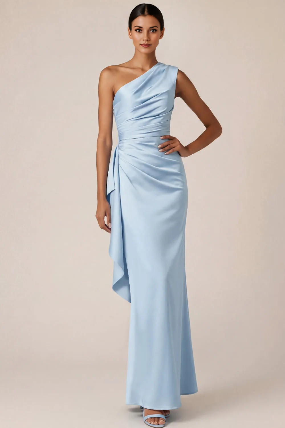 Light Blue One-Shoulder Ruched Satin Mermaid Gown with Draped Sash