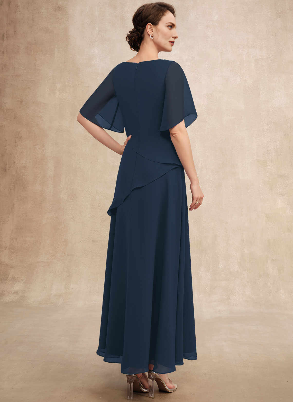Vedress Layered Waist Zipper‑Back Floor‑Length Evening Gown Back View