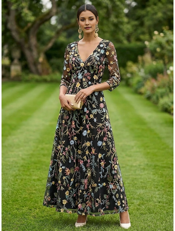V-Neck 3/4 Sleeve Floral Embroidered Tulle Ankle-Length Mother of the Bride Evening Dress