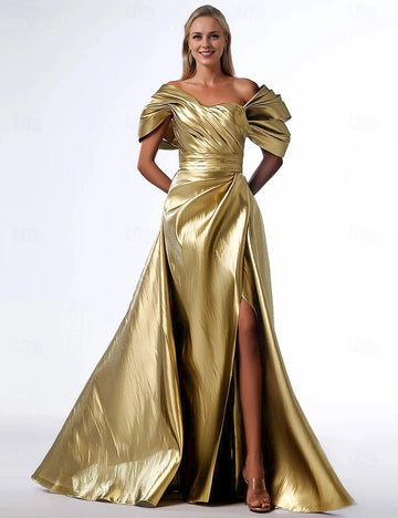 Vedress metallic gold satin a line prom dress front view off shoulder folded sleeves high side slit