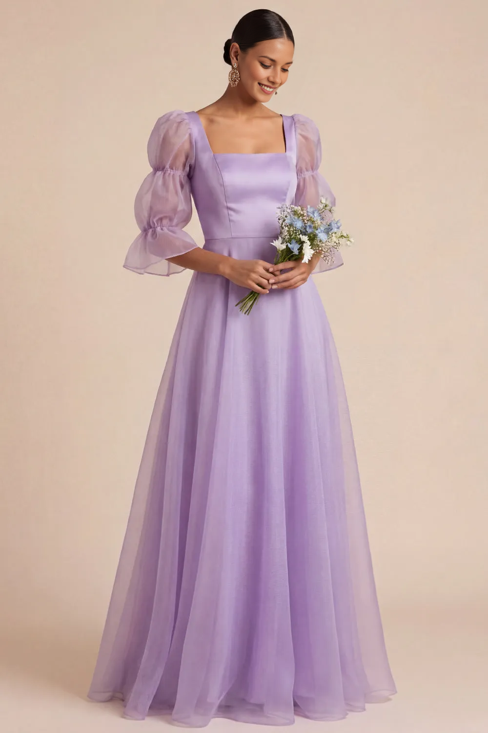 Square Neck Puff Organza Sleeve A-Line Tulle Bridesmaid Maxi Dress