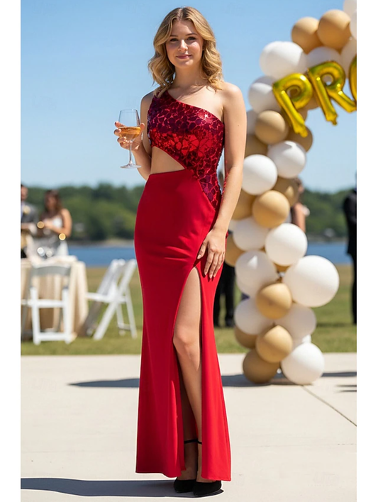 Sheath Column Sweep Brush Train Asymmetrical Prom Dress Party Wedding Guest Wedding Guest Dresses Elegant Party Glittering Sleeveless One Shoulder with Sequin