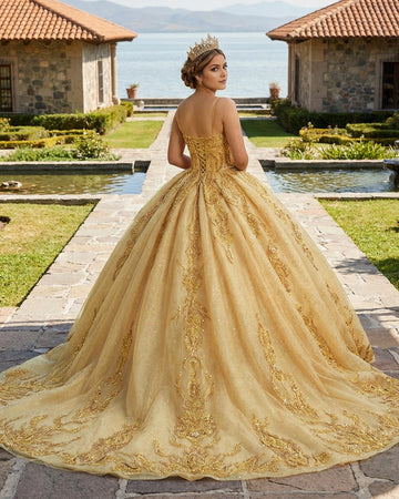 Vedress gold quinceañera dress, corset lace up back thin strap gown with heavy gold lace appliqués and sparkly tulle