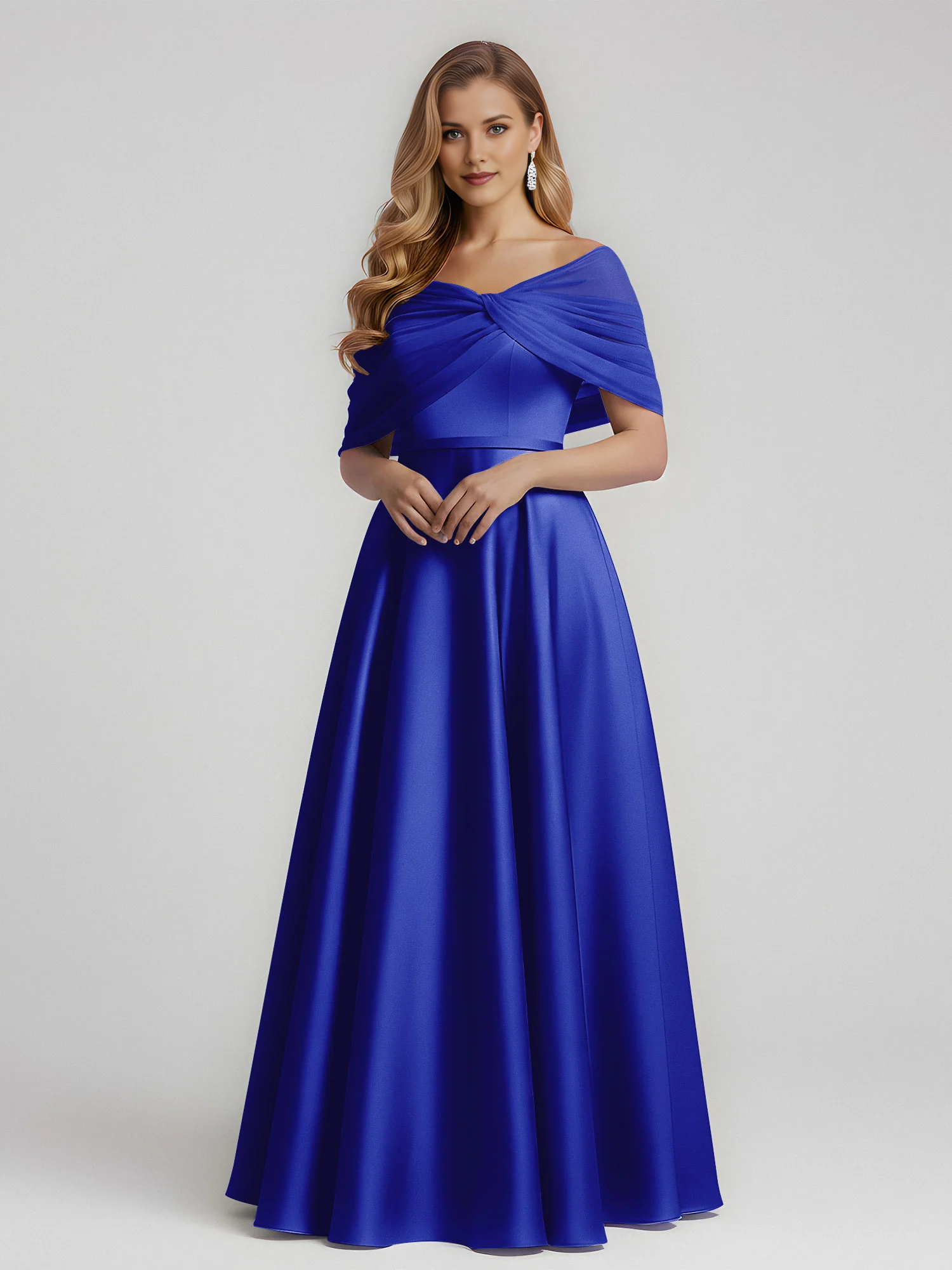Royal blue satin bridesmaid dress with off-shoulder draped neckline, twist bodice, defined waist, and floor-length A-line skirt by Vedress