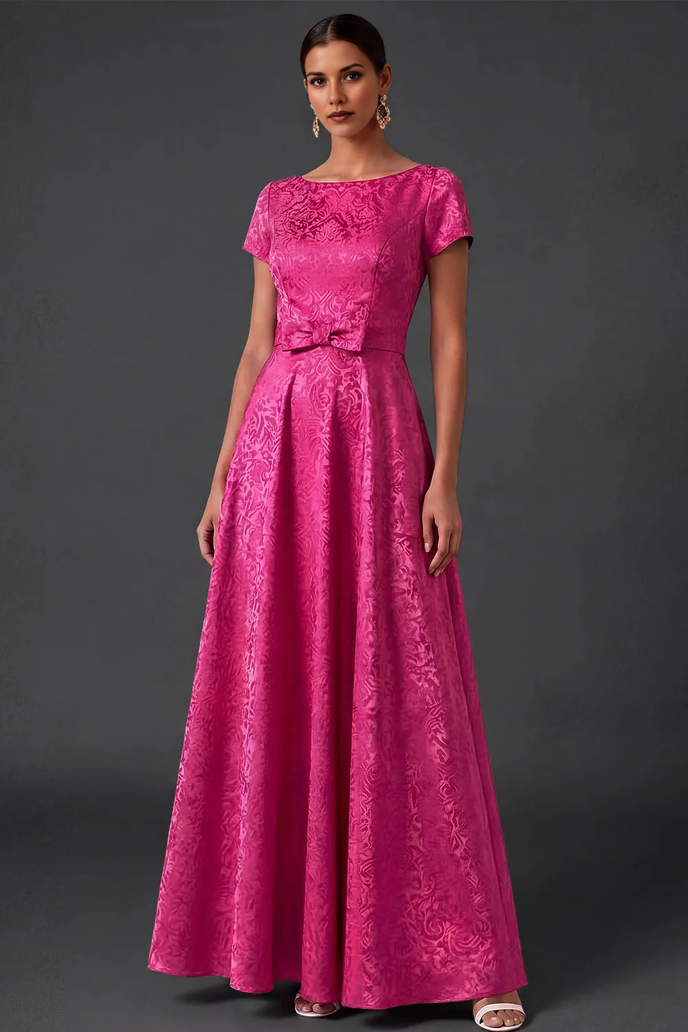 Bateau Neck Short Sleeve Solid Jacquard A-Line Maxi Dress with Waist Bow