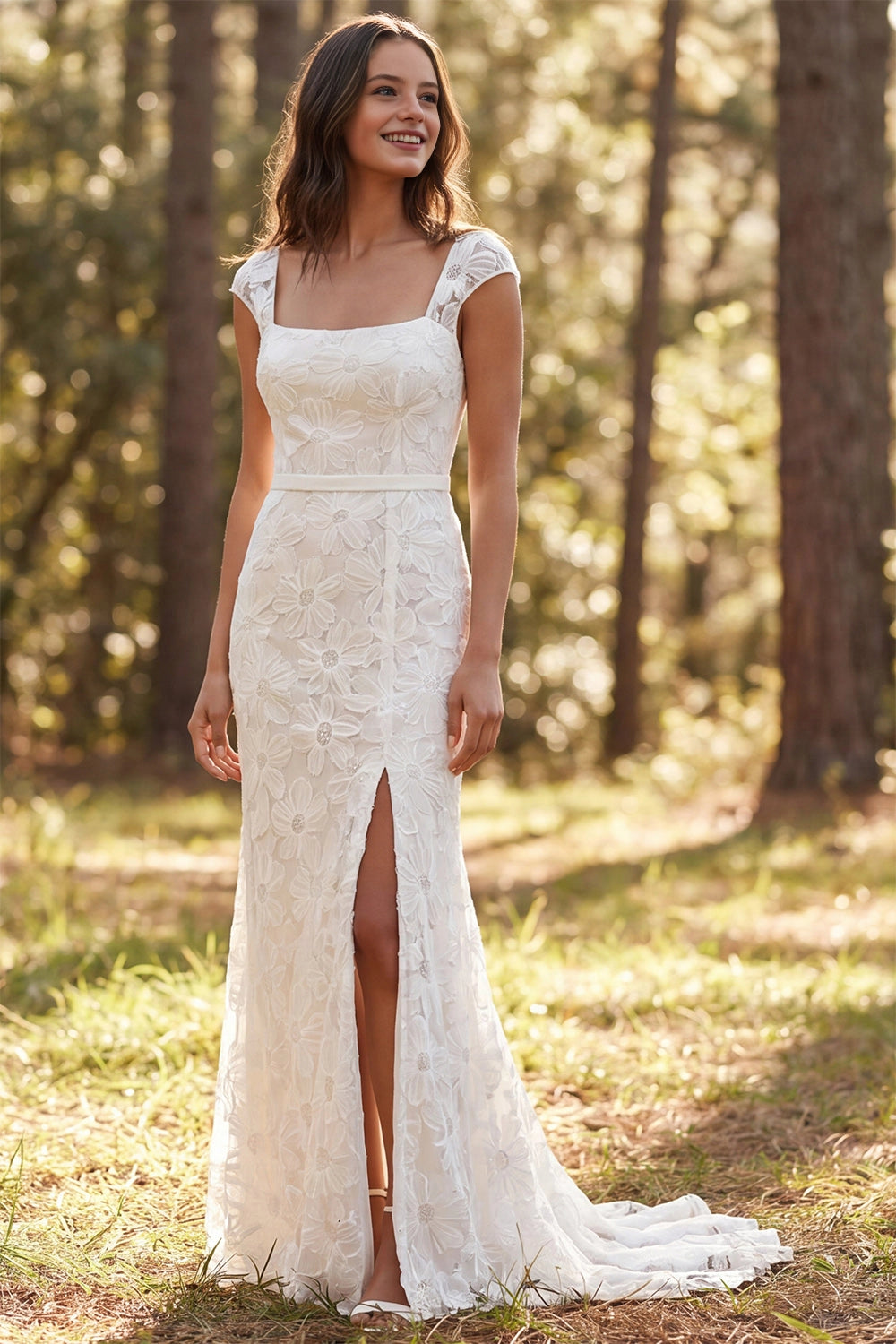 Vedress 3D floral lace mermaid wedding dress square cap sleeve high slit woodland bridal gown
