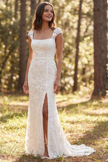 Vedress 3D floral lace mermaid wedding dress square cap sleeve high slit woodland bridal gown