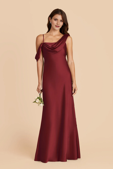 Asymmetric Off-the-Shoulder Cowl Neck Satin Mermaid Bridesmaid Maxi Dress