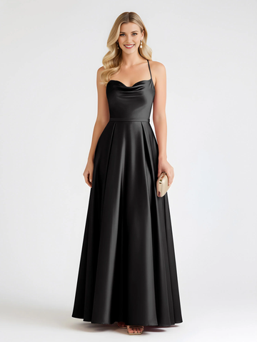 Spaghetti Strap Cowl Neck Satin A-Line Floor-Length Bridesmaid Dress with Crisscross Back